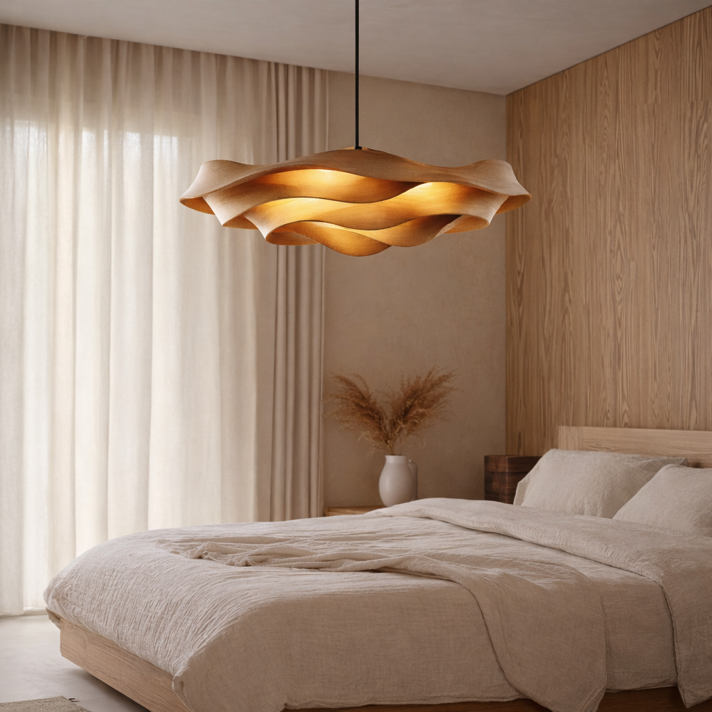 Wave-Inspired Solid Wood Pendant Light – Artistic Ceiling Lighting