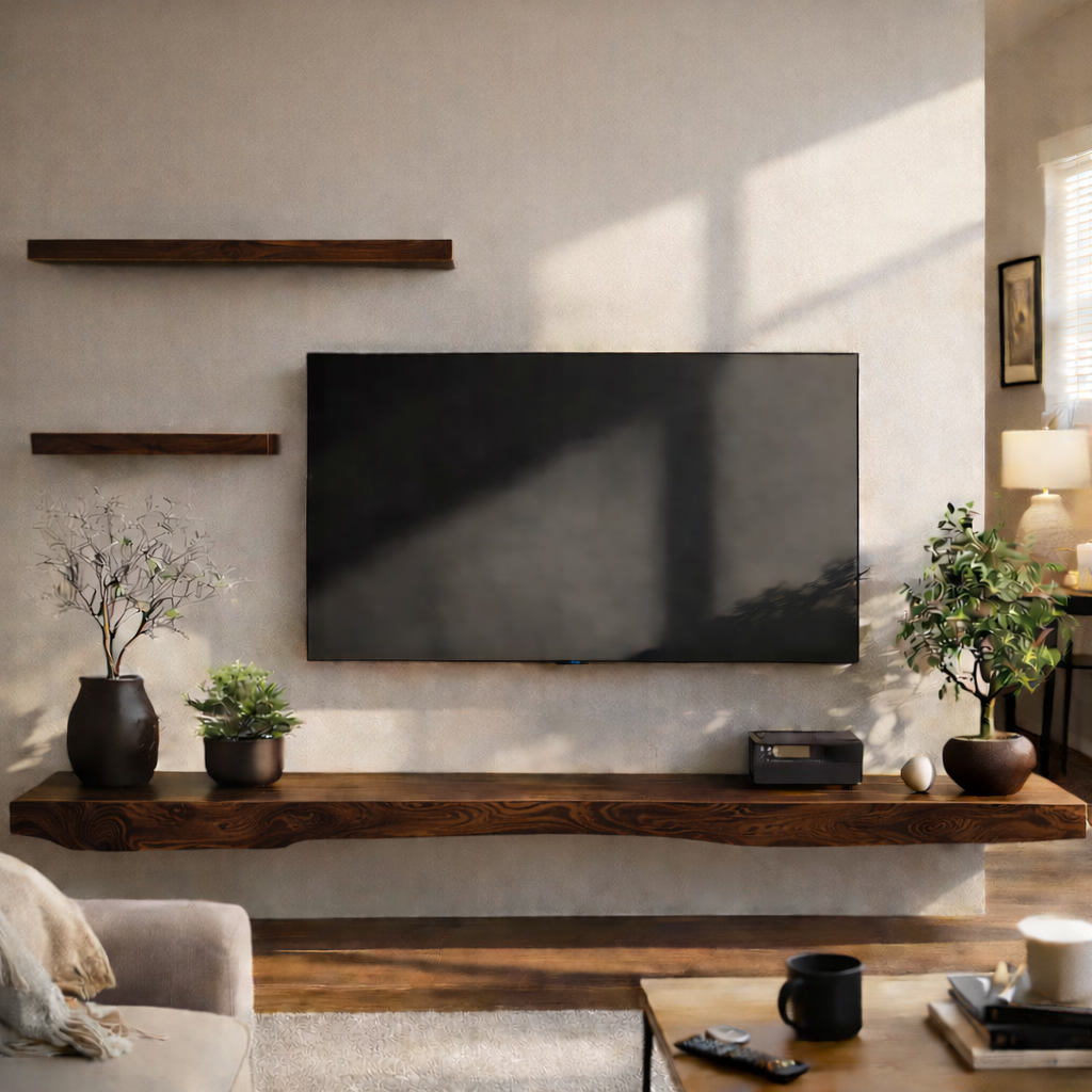 Live Edge Floating Stand – Solid Wood Wall-Mounted Console for Living Room Deco