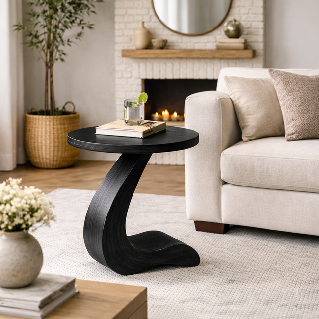 Modern Sculptural Solid Wood C-Shape Side Table for Sofa & Living Room Main Image