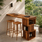 Outdoor Wood Bar Table Set – Solid Wood Balcony Bar Counter with Storage and Stools