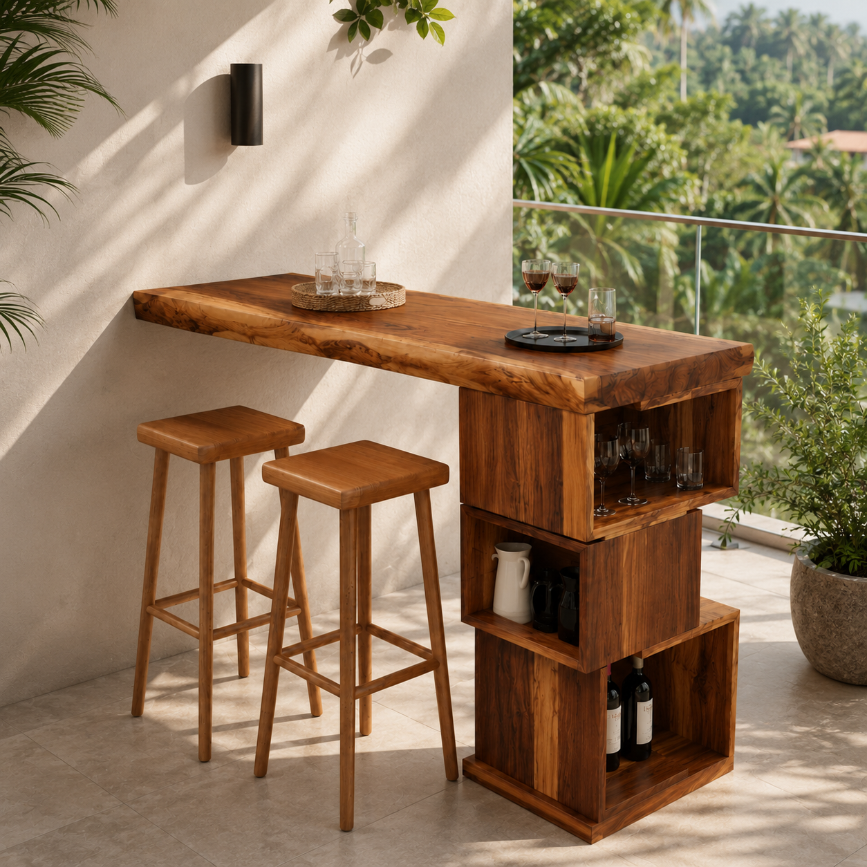 Outdoor Wood Bar Table Set – Solid Wood Balcony Bar Counter with Storage and Stools