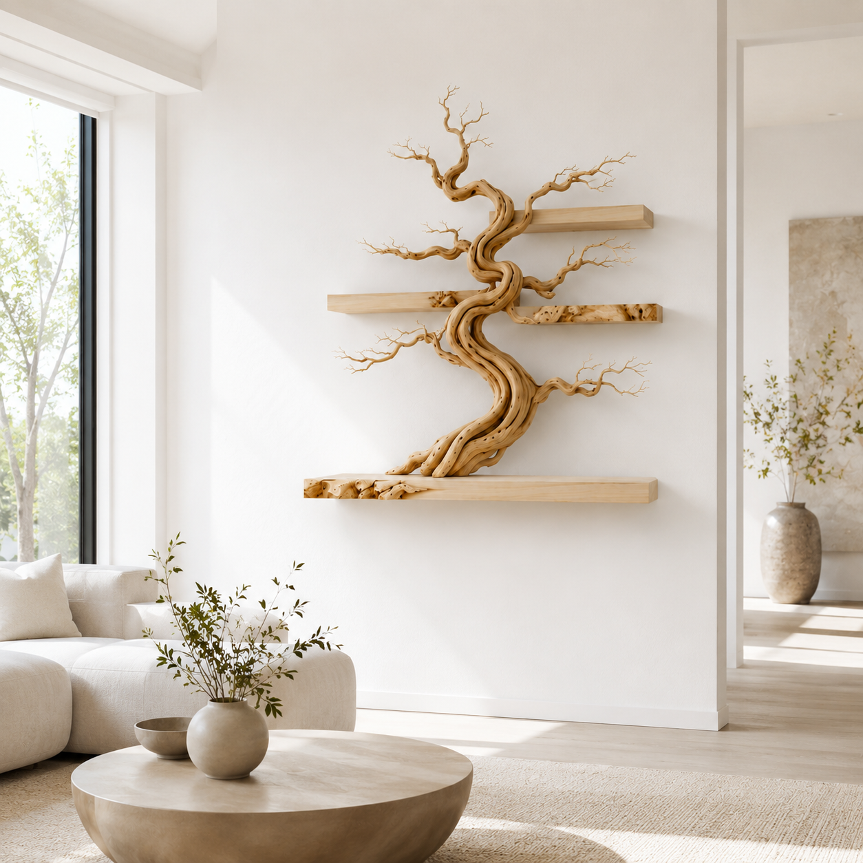 Bonsai Tree Wall Shelf – Wooden Floating Shelf Decor