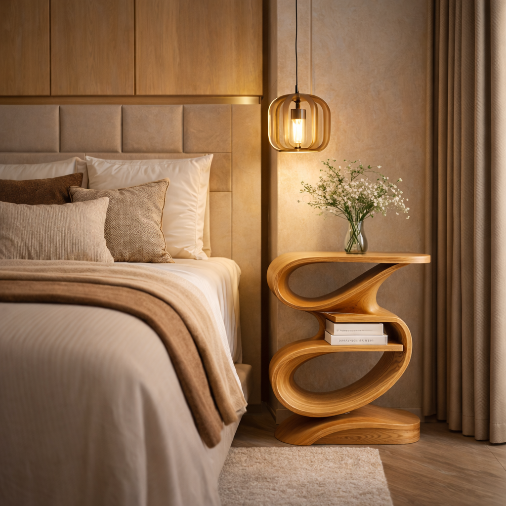 Curved Side Table – Sculptural Solid Wood Table for Living Room or Bedroom