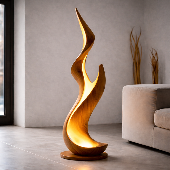 Sculptural Wooden Flame Floor Lamp – Handcrafted Modern Ambient Lighting for Living Room Decor Hover Image