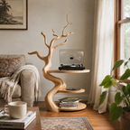 Tree Branch Wooden Side Table – Sculptural Solid Wood Accent Table with Storage Shelves