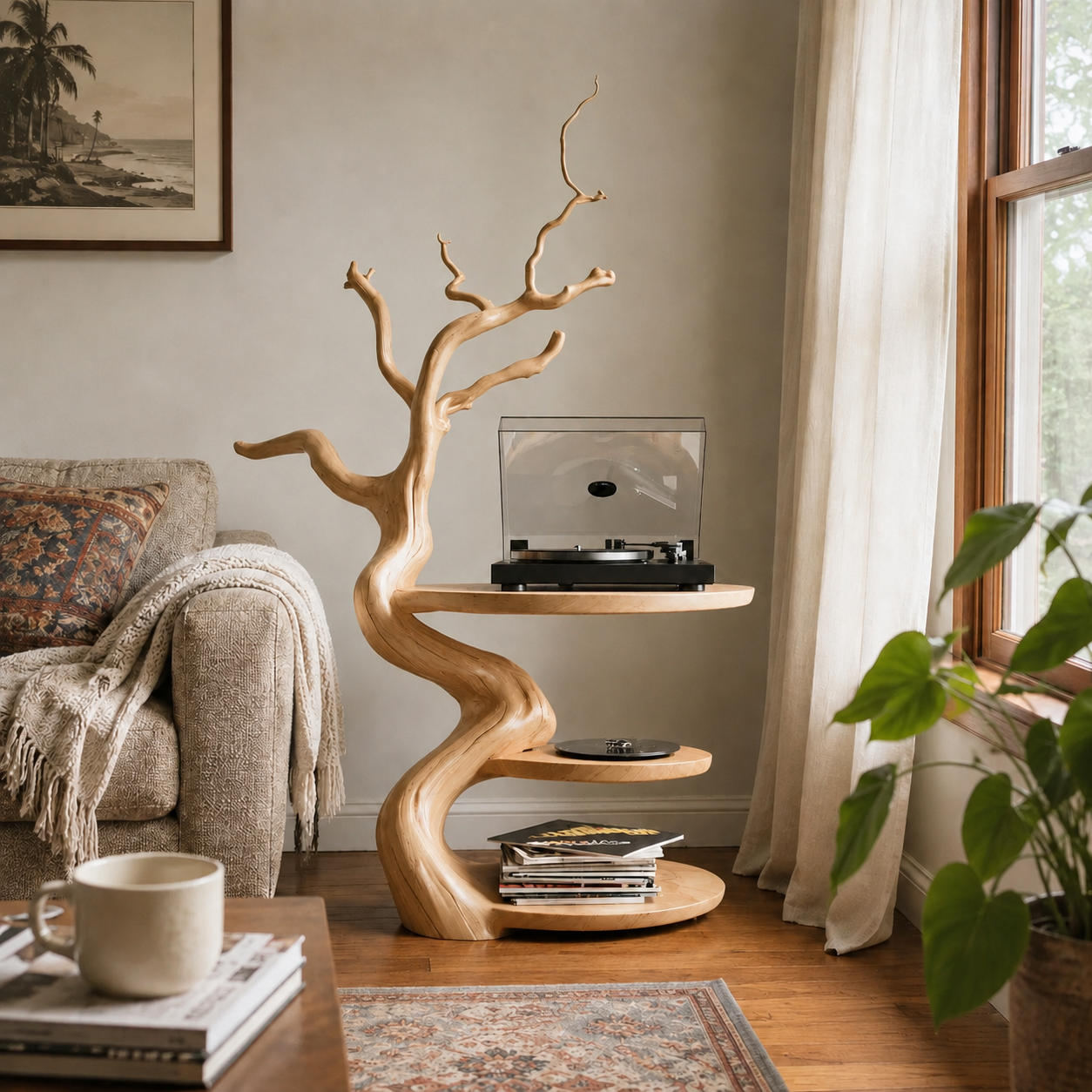Tree Branch Wooden Side Table – Sculptural Solid Wood Accent Table with Storage Shelves