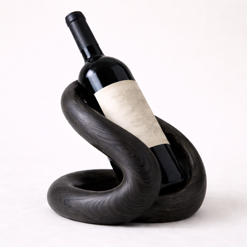 Sculptural Solid Wood Wine Holder – Hand-Carved Curved Bottle Stand