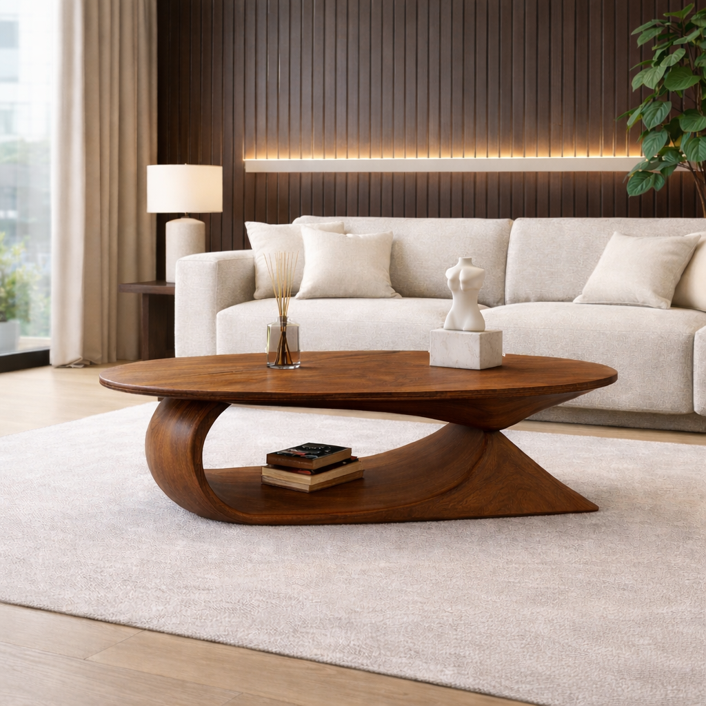 Sculptural Solid Wood Coffee Table – Organic Curved Design