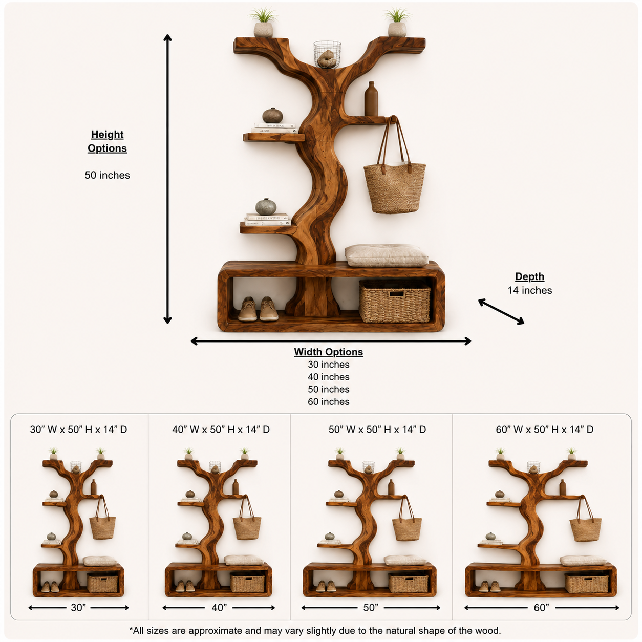 Wave Tree Entryway Hall Tree – Solid Wood Coat Rack Bench with Shelves and Shoe Storage