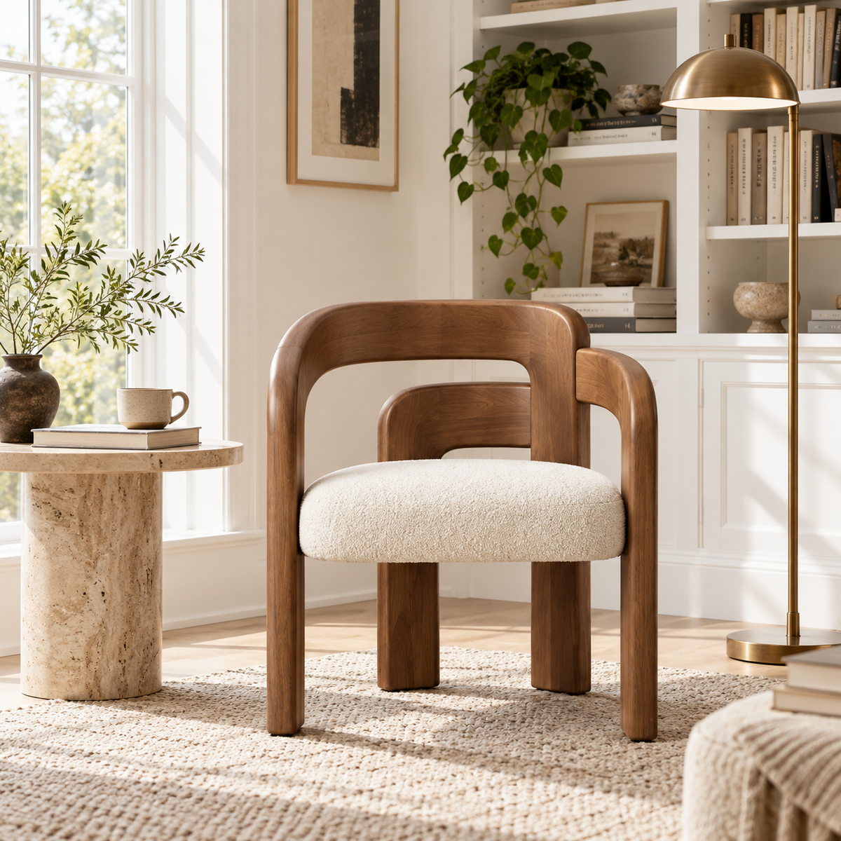 Sculptural Wood Frame Bouclé Armchair
