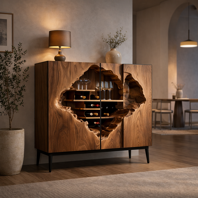 Modern Solid Wood Wine Cabinet with Geometric Storage – Contemporary Wooden Wine Bar Cabinet for Living Room or Dining Room Hover Image