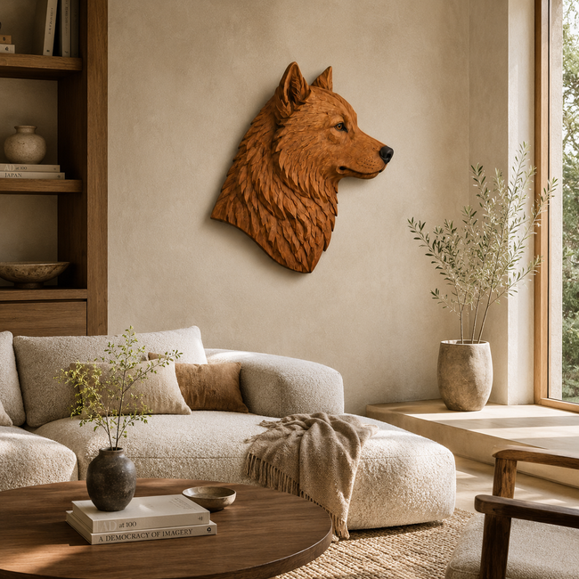 Wolf Head Wall Art – Solid Wood Decorative Panel for Rustic Home Deco Hover Image