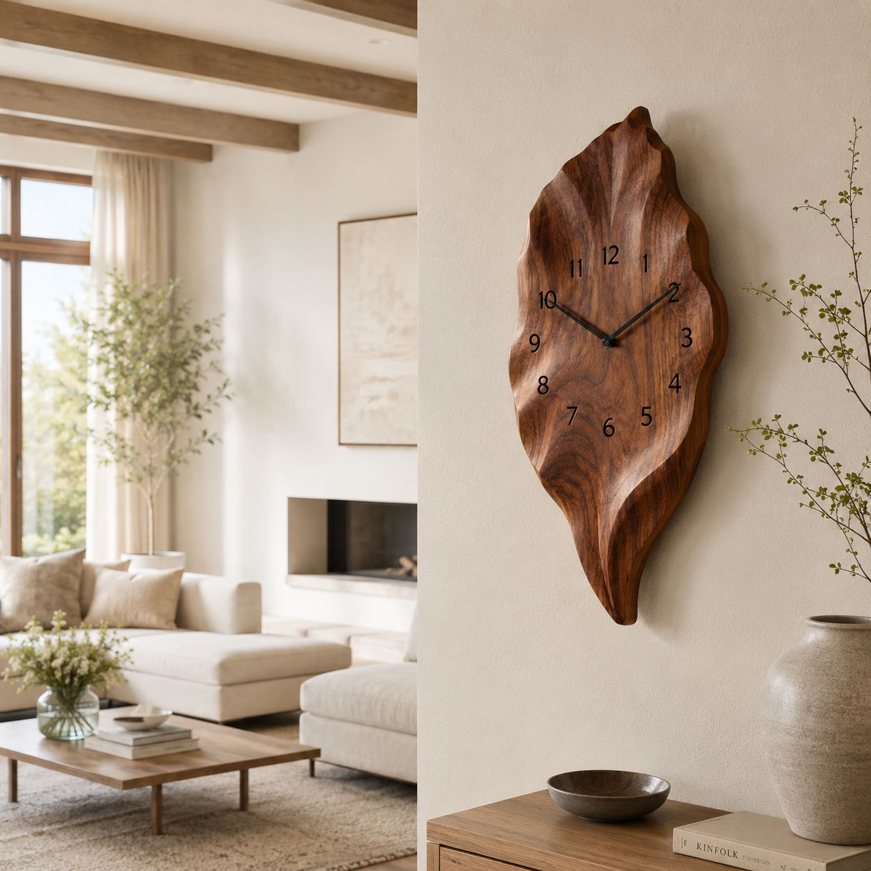 Leaf Wood Wall Clock – Solid Wood Decorative Clock for Dining Room Decor