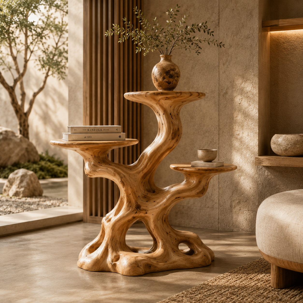 Sculptural Wooden Plant Stand – Solid Wood Display Table for Living Room and Modern Home Decor