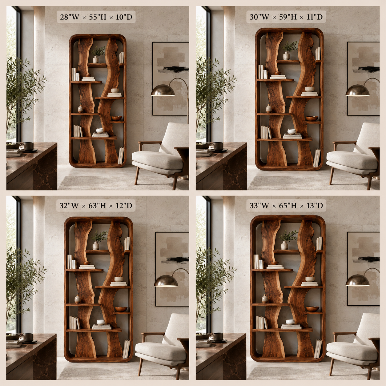 Organic Wood Bookshelf – Solid Wood Display Shelf for Living Room Decor