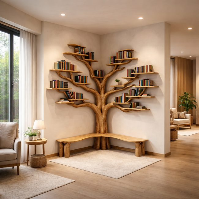 Tree Corner Wall Shelf with Bench | Wooden Tree Bookshelf Decor Hover Image
