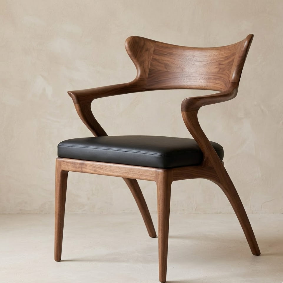 Sculptural Dining Chair – Solid Wood Accent Chair with Cushioned Seat