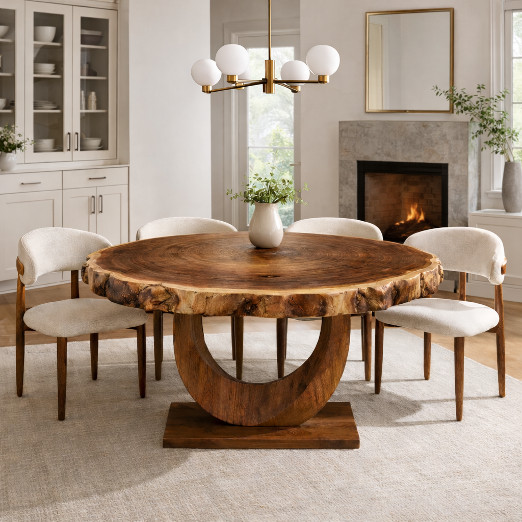 Round Solid Wood Dining Table with Sculptural Base | Modern Luxury Dining Centerpiece