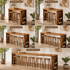 Live Edge Wood Bar Table Set – Solid Wood Home Bar Counter with Storage Shelves and Stools