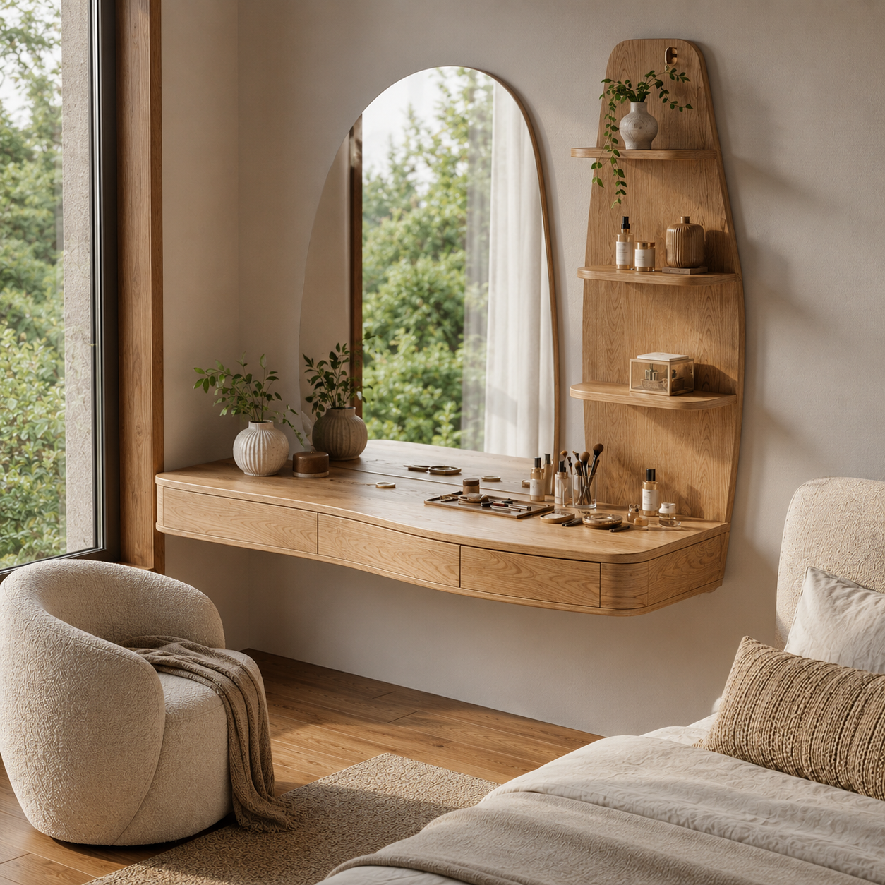Floating Wood Vanity Desk – Solid Wood Wall Mounted Makeup Table for Bedroom Decor