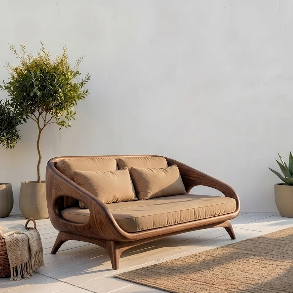 Sculptural Sofa Bench – Solid Wood Lounge Bench with Cushioned Seat