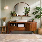 Mid-Century Bathroom Vanity – Wooden Vanity with Round Mirror and Storage