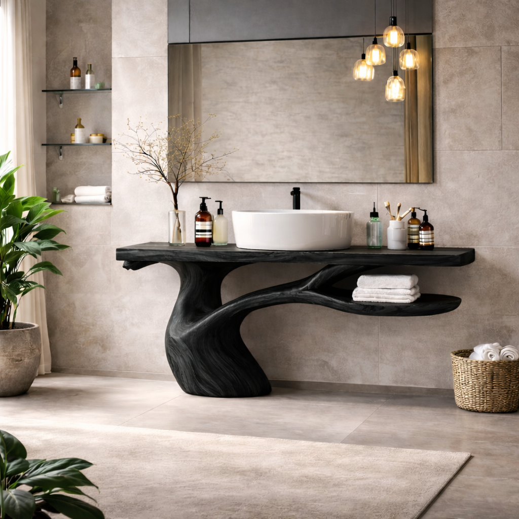 Organic Flow Wooden Bathroom Vanity with Large Mirror – Wall-Mount Design
