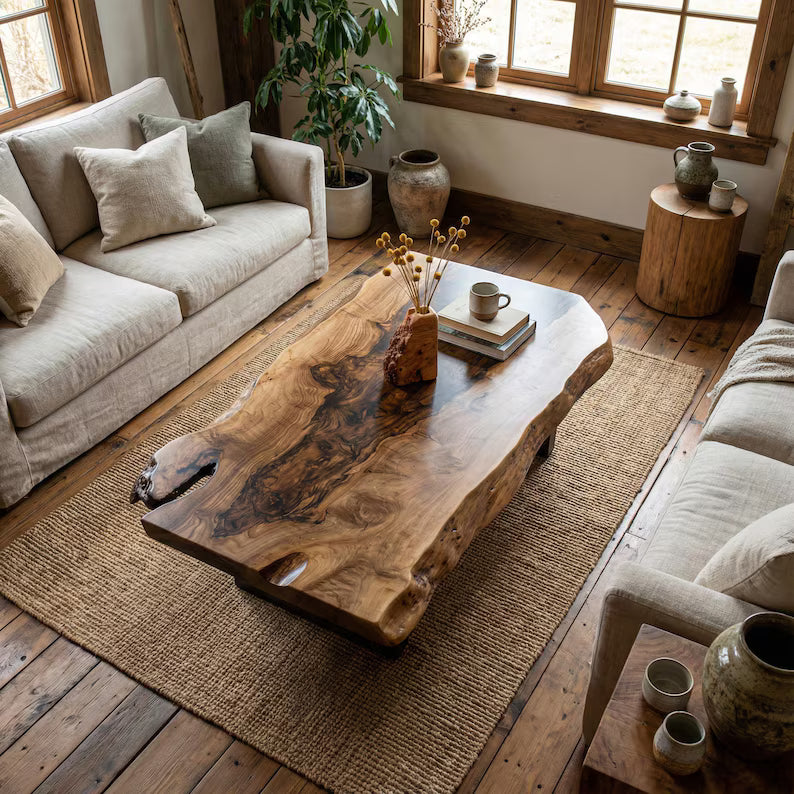Live Edge Coffee Table – Solid Wood Rustic Table for Living Room