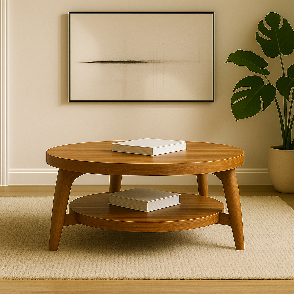 Scandinavian Round Solid Wood Coffee Table – Modern Two-Tier Design