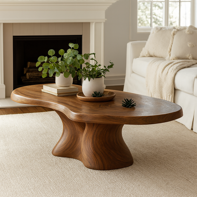 Organic Pedestal Solid Wood Coffee Table – Sculptural Center Table Hover Image