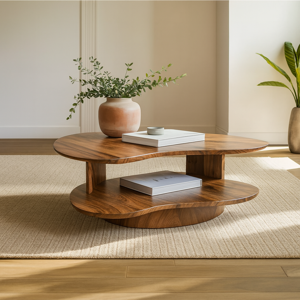 Organic Wave Walnut Coffee Table – Sculptural Two-Tier Design