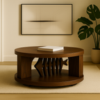 Round Sculptural Walnut Coffee Table with Storage Shelf – Modern Design