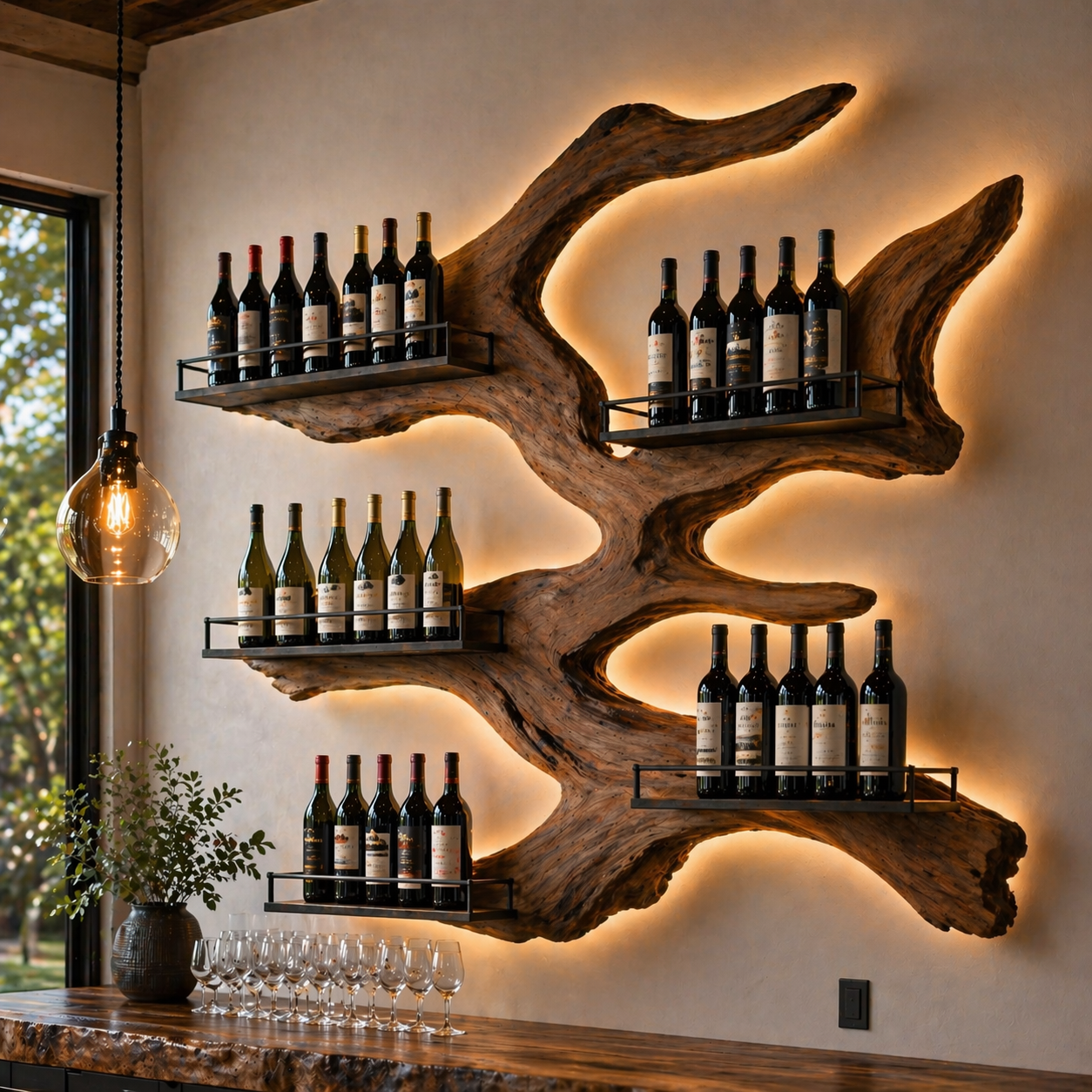 Map Shaped Wine Rack – Solid Wood Wall Bottle Holder for Home Bar Decor
