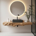Floating Bathroom Shelf – Natural Wood Shelf with Circular Mirror