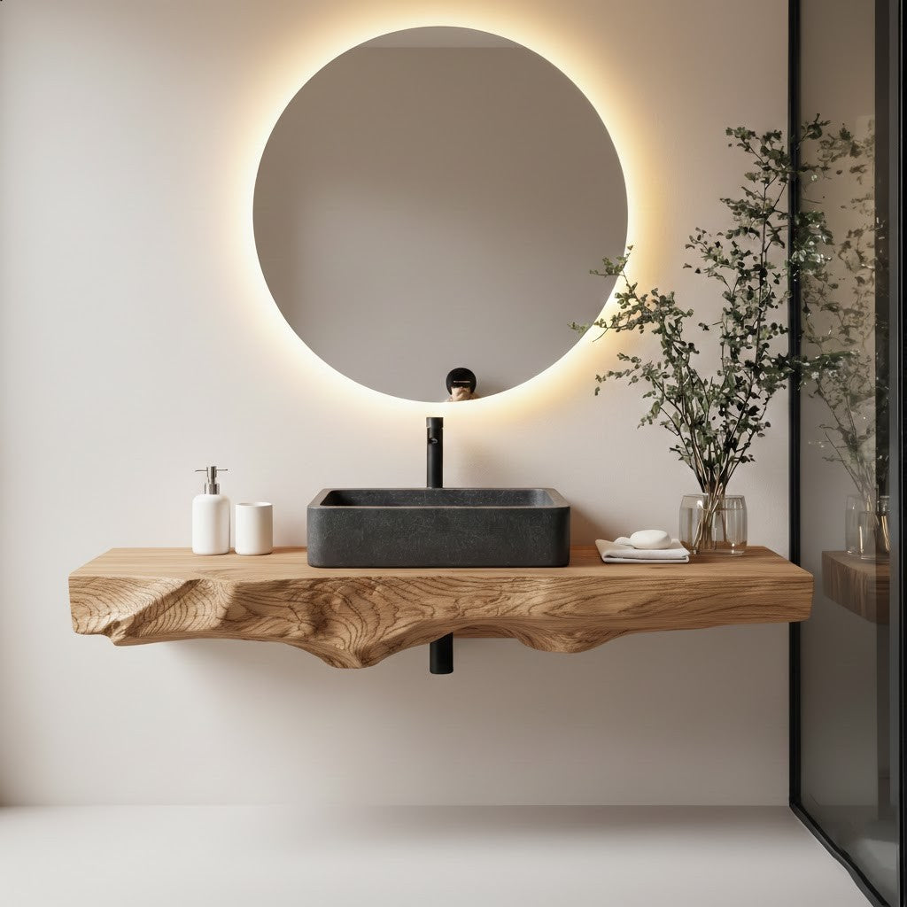 Floating Bathroom Shelf – Natural Wood Shelf with Circular Mirror