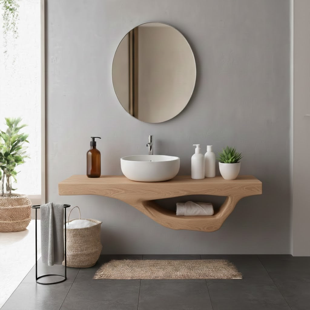 Floating Bathroom Shelf – Natural Wood Shelf with Square Mirror