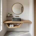 Natural Wood Bathroom Vanity with Round Mirror – Wall-Mount Shelf Set