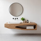 Natural Wood Bathroom Vanity with Round Mirror – Wall-Mount Shelf Set