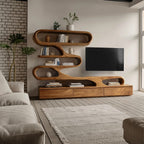 S-Shaped TV Stand – Solid Wood Media Console with Shelves for Living Room Decor