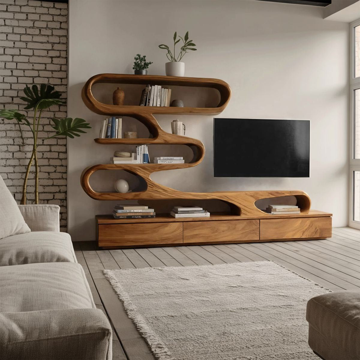 S-Shaped TV Stand – Solid Wood Media Console with Shelves for Living Room Decor
