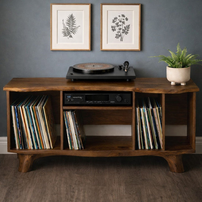 Solid Wood Media Console Table – Organic Modern TV & Vinyl Storage Hover Image