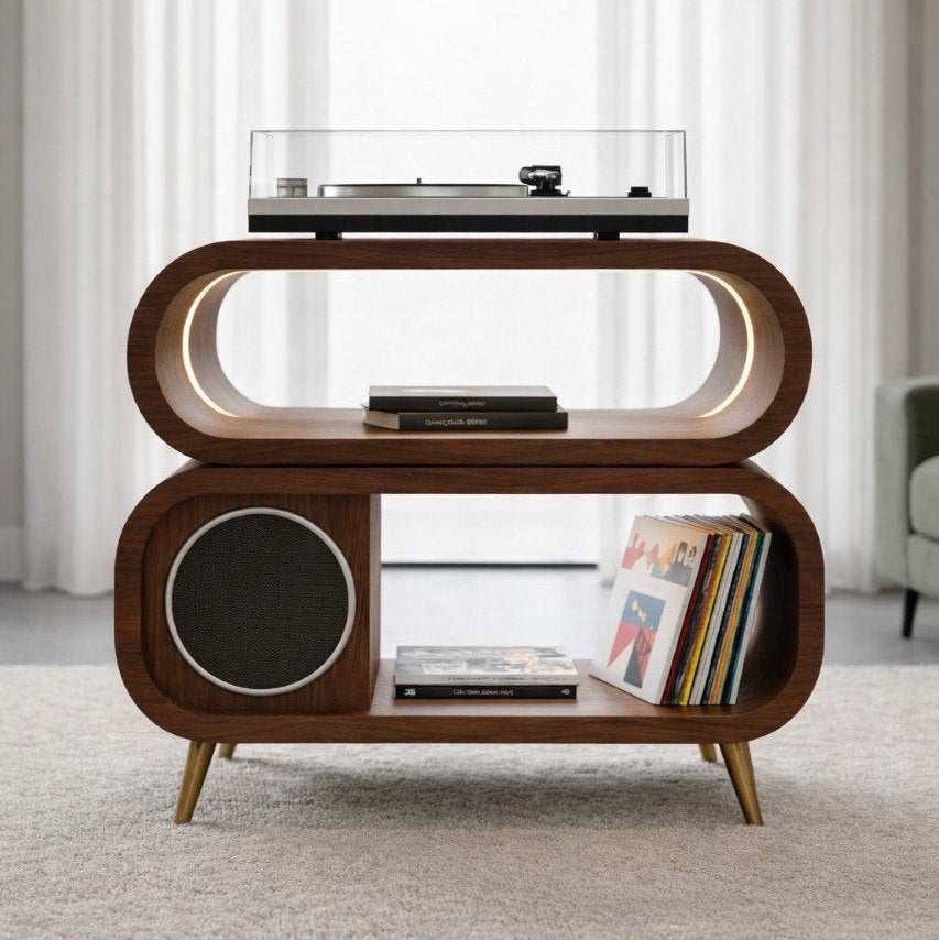 Solid Wood Oval Hi-Fi Media Console – Turntable & Vinyl Stand