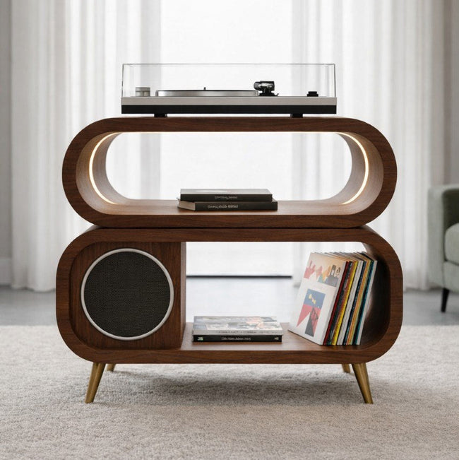 Solid Wood Oval Hi-Fi Media Console – Turntable & Vinyl Stand Hover Image