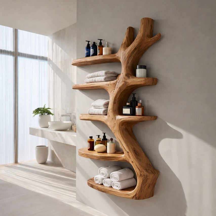 Sculptural Bathroom Shelf – Solid Wood Towel Shelf for Bathroom Decor