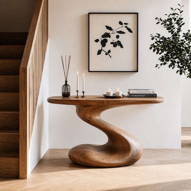 Sculptural Console Table – Solid Wood Modern Table for Entryway Decor Hover Image