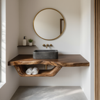 Natural Wood Bathroom Vanity with Round Mirror – Wall-Mount Shelf Set
