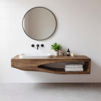 Natural Wood Bathroom Vanity with Round Mirror – Wall-Mount Shelf Set