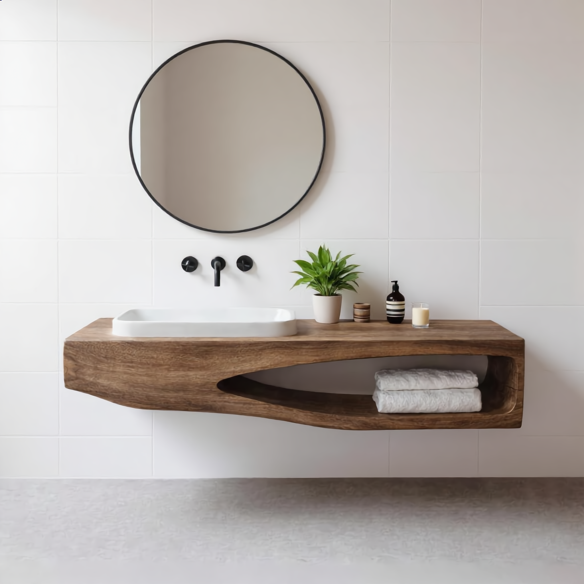 Natural Wood Bathroom Vanity with Round Mirror – Wall-Mount Shelf Set