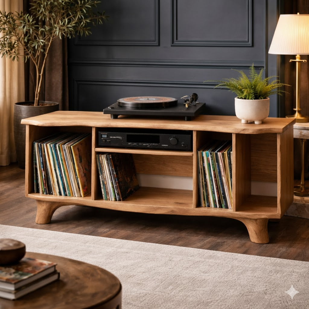 Solid Wood Media Console Table – Organic Modern TV & Vinyl Storage