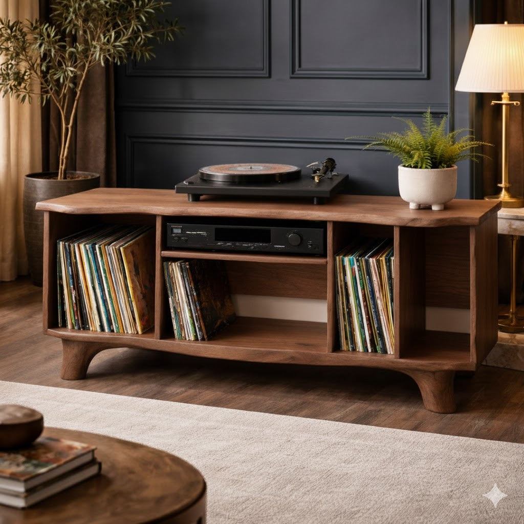 Solid Wood Media Console Table – Organic Modern TV & Vinyl Storage